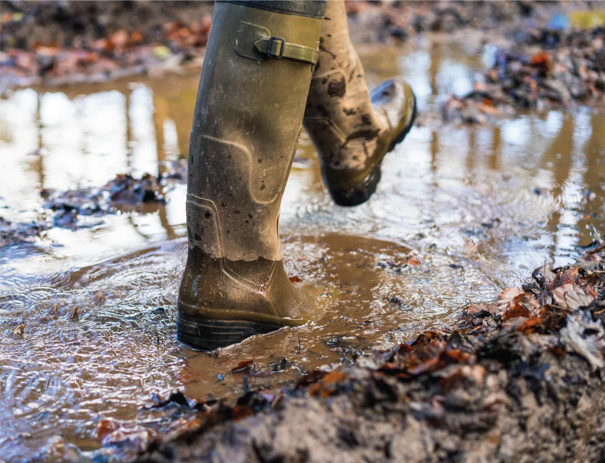 Muddy Wellies Walking In Puddle