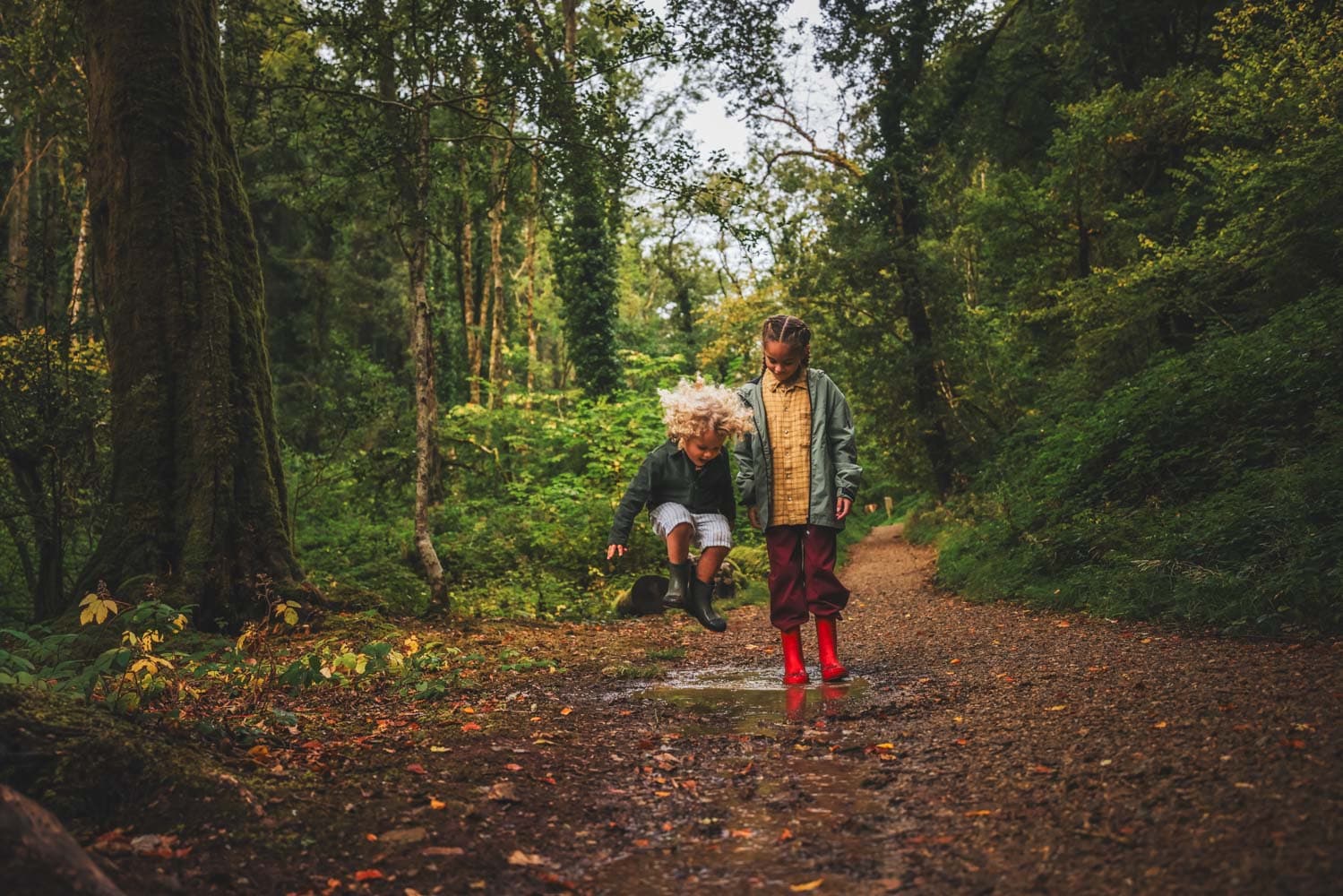 Children Splashing In Puddles On Nature Trail