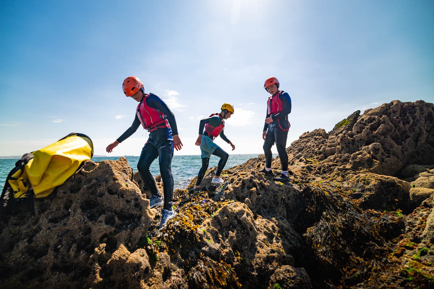 Sea Swiming Between Caves Coasteering Teens On Rocks